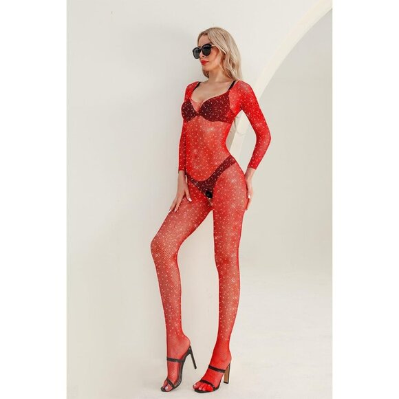 🆕Women Red Classic Fishnet Body Stocking Lingerie Sparkle Stocking One Piece - Picture 4 of 7